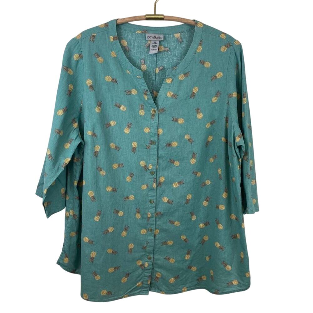 Catherines Pineapple Print Linen Blend Blouse Size 14/16